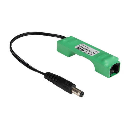 A green voltage converter with a compact design features an Ethernet port and a DC power connector. The device is designed for efficient power regulation and connectivity in electronic setups.