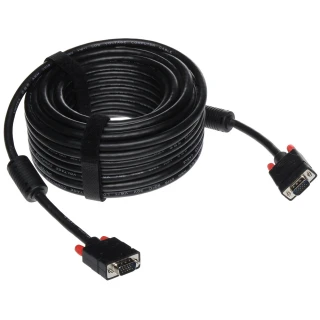 A coiled black VGA cable with connectors featuring red accents and protective caps. The cable is secured with a Velcro strap for easy organization and storage.