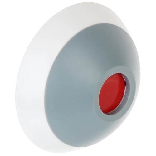 The image shows a Bosch panic button with a sleek, circular design featuring a prominent red button in the center. The device has a modern, minimalist appearance with a gray and white color scheme.