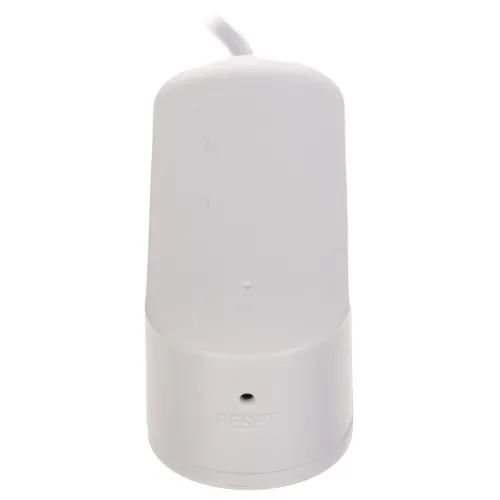 A sleek, white reset button with a minimalist design and a small hole above the word "RESET." The button is connected to a cable, indicating its functionality for electronic devices.