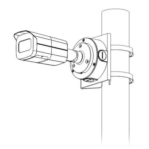 The image shows a security camera mounted on a pole using a bracket and adjustable straps. The setup is designed for outdoor surveillance, providing a stable and secure installation.
