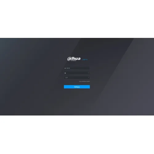 Login interface screen for a Dahua device featuring fields for username and password entry. The design includes a sleek, dark background with a prominent blue login button.