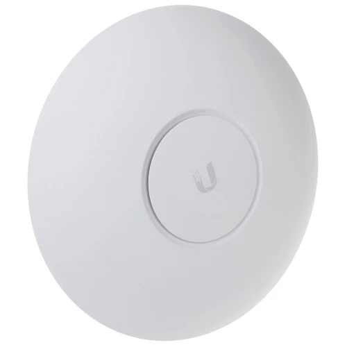 A sleek, circular white access point with a subtle logo in the center, designed for efficient wireless networking. The minimalist design complements modern interiors while providing long-range connectivity.