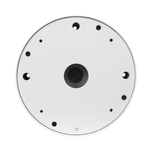 Round white mounting box for cameras with multiple screw holes for versatile installation. Central black circular detail provides a sleek and modern design.