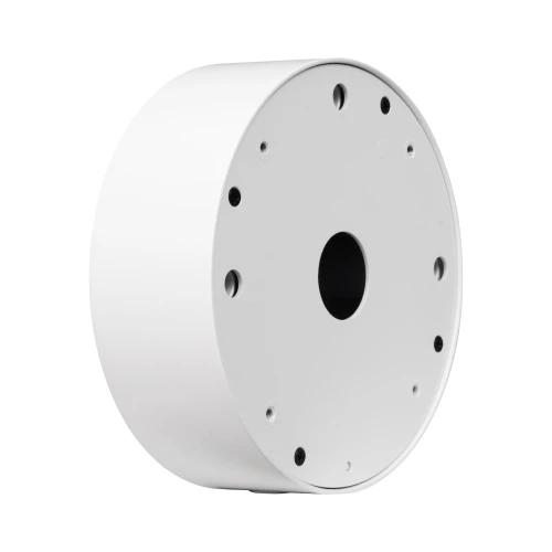 A round, white mounting box designed for security cameras, featuring multiple screw holes for versatile installation. The sleek design ensures a clean and professional look when mounted on walls or ceilings.