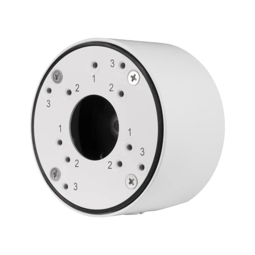 Round white mounting box designed for security cameras, featuring multiple screw holes for versatile installation. The box has a central opening for cable management and a sleek, durable finish.