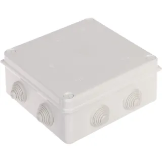 A square, gray electrical junction box with multiple cable glands on its sides, designed for secure and organized wiring connections. The box features a durable, weather-resistant construction suitable for various environments.