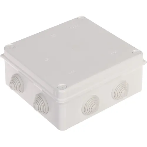 A square, gray electrical junction box with multiple cable glands on its sides, designed for secure and organized wiring connections. The box features a durable, weather-resistant construction suitable for various environments.