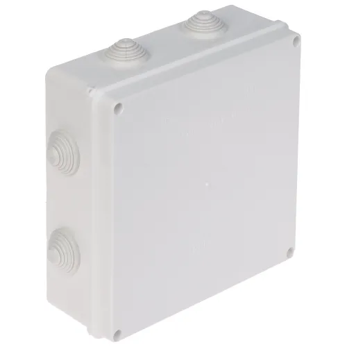 A white junction box with grommets designed for electrical connections, featuring a durable and weather-resistant IP55 rating. The box has a smooth surface with multiple entry points for cables, ensuring secure and organized wiring.