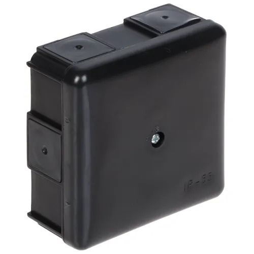 A black junction box with grommets designed for electrical connections, featuring a durable construction and IP55 rating for dust and water resistance. The box has a smooth finish with a central screw for secure closure.