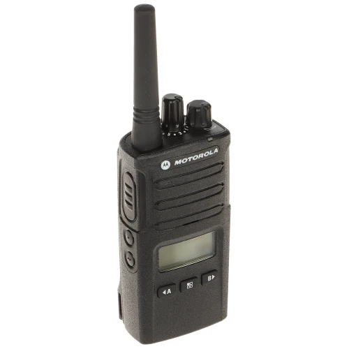 A Motorola two-way radio with a robust black design features a prominent antenna and a clear digital display. The device includes multiple control buttons and knobs for easy operation.