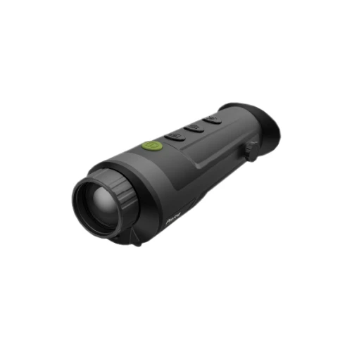 A sleek, black thermal imaging monocular with a textured grip and multiple control buttons on top. The device features a prominent lens at the front and a rubber eyepiece for comfortable viewing.