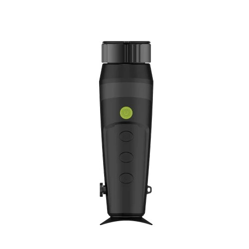 Handheld thermal imaging monocular with a sleek black design and a prominent green power button. Features three additional control buttons for easy operation.