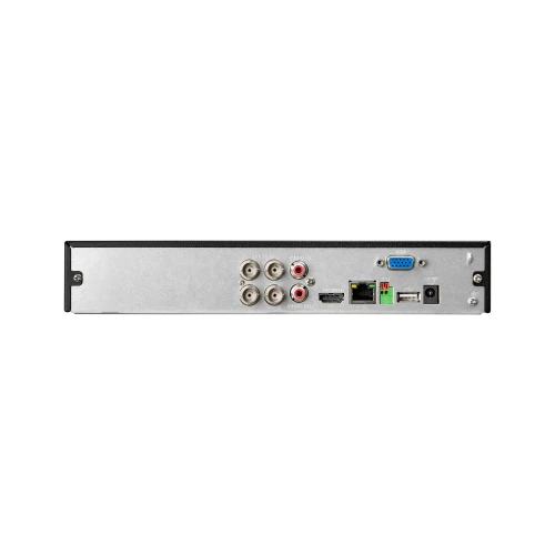 The image shows the back panel of a four-channel digital video recorder featuring multiple input and output ports, including BNC connectors, HDMI, VGA, Ethernet, and USB. The sleek design is complemented by a metallic finish, providing versatile connectivity options for security systems.