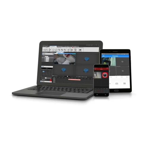 A hybrid 8-channel recorder is displayed alongside a laptop, smartphone, and tablet, showcasing its compatibility with multiple devices. The screen interfaces highlight live video feeds and control options, emphasizing its functionality for surveillance purposes.