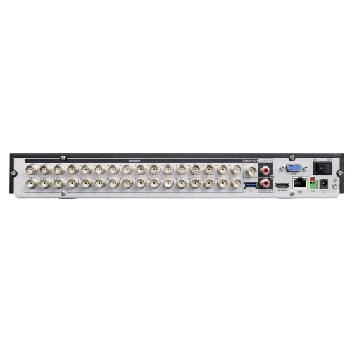 The image shows the back panel of a digital video recorder featuring multiple BNC connectors for video input, along with HDMI, VGA, USB, and Ethernet ports for versatile connectivity options. The device is designed for comprehensive surveillance system integration, offering robust input and output capabilities.