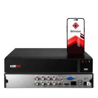 A black hybrid DVR with multiple input ports is displayed alongside a smartphone showcasing the BitVision app interface. The DVR features front USB ports and a sleek design, suitable for modern security systems.