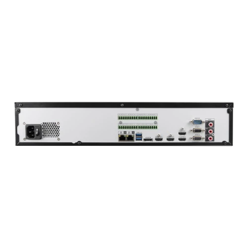 The image shows the back panel of a network video recorder featuring multiple input and output ports, including HDMI, USB, and Ethernet connections. It is designed for high-capacity video surveillance systems, offering versatile connectivity options.