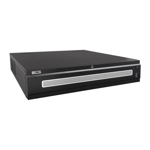 The image shows a sleek, black network video recorder with a perforated front panel for ventilation. It features a minimalist design with the BCS logo on the top left corner.