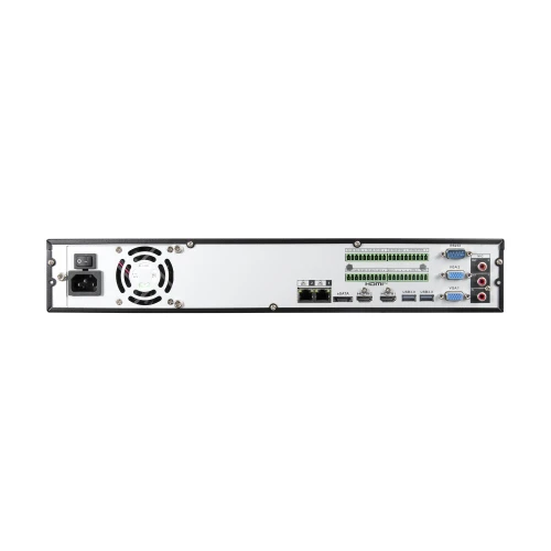 The image shows the rear panel of a network video recorder featuring multiple input and output ports, including HDMI, USB, and Ethernet connections. The device is designed for efficient video management and connectivity in security systems.