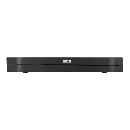 The image shows a sleek, black BCS IP recorder with a minimalist design and a compact form factor. The front panel features a subtle logo and a USB port for easy connectivity.