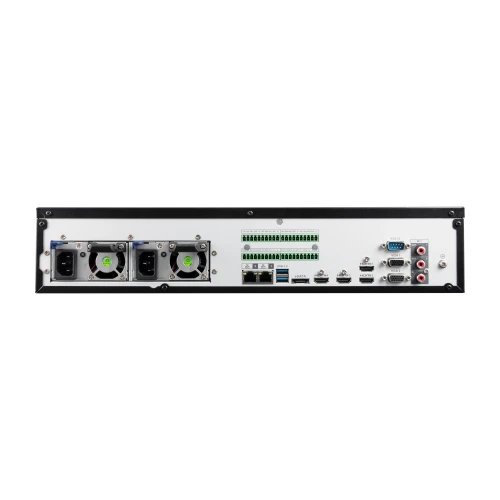 The image shows the rear panel of a network video recorder featuring multiple input and output ports, including HDMI, USB, and audio connections. It also includes dual power supply units and various connectivity options for comprehensive surveillance system integration.