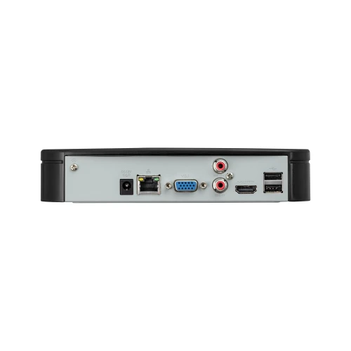 The image shows the back panel of a black IP recorder featuring various ports, including Ethernet, VGA, HDMI, USB, and audio connections. The design is compact and functional, suitable for integrating into a security system setup.