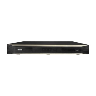 A sleek black network video recorder with a minimalist design and front panel controls. The device features a USB port and LED indicators for easy monitoring and connectivity.