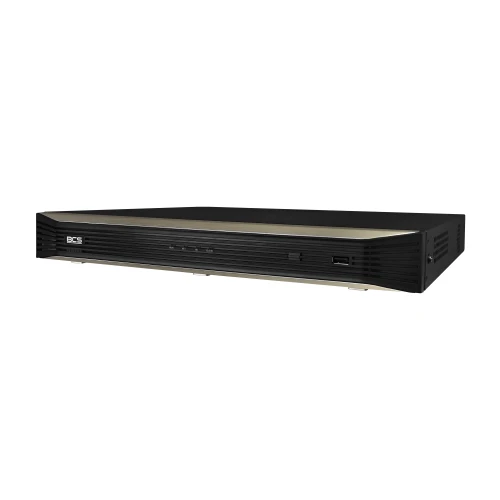 The image shows a sleek, black BCS IP network video recorder with a minimalist design and a front USB port. It features a subtle logo on the left side and a smooth, metallic finish on the top panel.