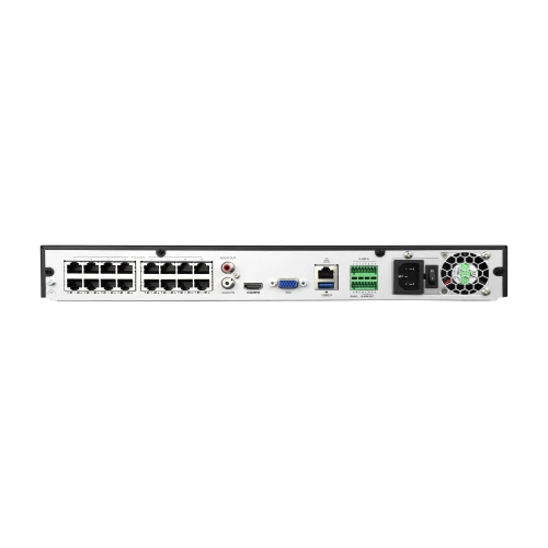 The image shows the back panel of a network video recorder featuring multiple Ethernet ports, HDMI and VGA outputs, and various audio and alarm connections. It also includes a power input and a cooling fan for efficient operation.