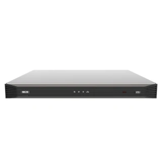 Front view of a sleek, black BCS IP network video recorder with a minimalist design and LED indicators. The device features a USB port on the right side for easy connectivity.