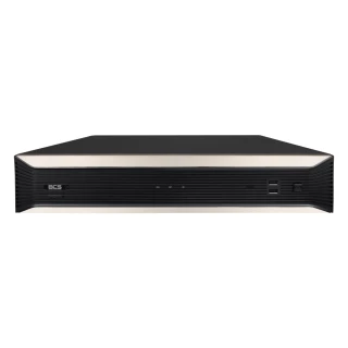 A sleek black and silver network video recorder with a minimalist front panel design, featuring multiple USB ports and indicator lights. The device is designed for efficient video management and security system integration.