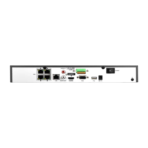 The image shows the back panel of a network video recorder featuring multiple connectivity ports, including HDMI, VGA, USB, and Ethernet. It also includes audio input and output options, along with a power switch and connector.