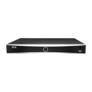The image shows a sleek, black BCS IP network video recorder with a minimalist design and a central control knob. It features a USB port on the front panel for easy connectivity.