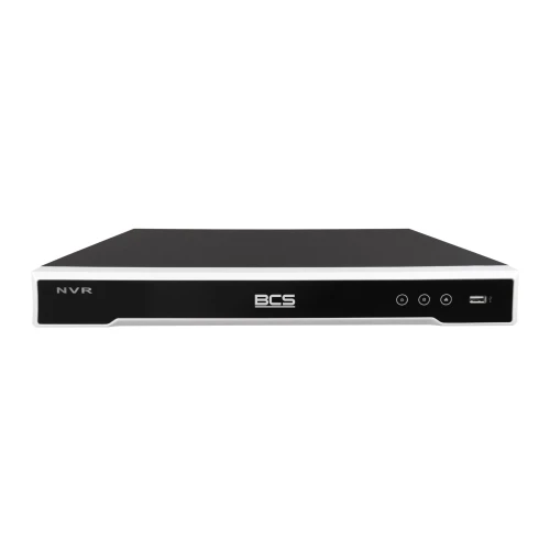 A sleek black and white network video recorder with a minimalist front panel featuring the BCS logo, three control buttons, and a USB port. The device is designed for efficient video management and security system integration.