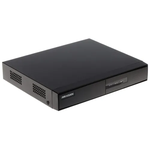 A sleek black Hikvision IP recorder with a minimalist design, featuring a front panel with indicator lights and a discreet logo. The device has ventilation on the sides for efficient cooling and a compact form factor suitable for various setups.