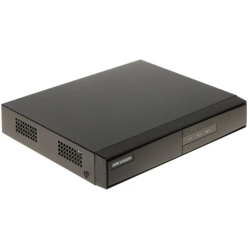 A sleek black Hikvision IP recorder with a minimalist design, featuring ventilation holes on the side and a front panel with indicator lights. The device is designed for efficient video surveillance with multiple channel support and PoE capability.