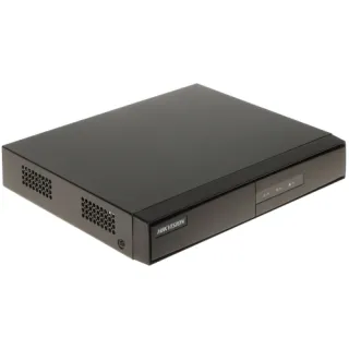 The image shows a sleek, black Hikvision IP recorder with a minimalist design, featuring ventilation holes on the side for efficient cooling. The front panel includes indicator lights and the Hikvision logo, emphasizing its modern and functional appearance.