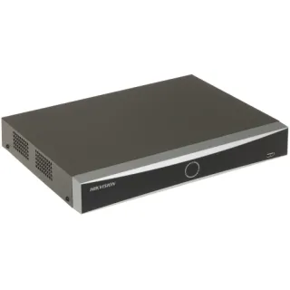 A sleek, black Hikvision IP recorder with a minimalist design and a single USB port on the front panel. The device features a subtle logo and a circular control element, suitable for advanced surveillance systems.