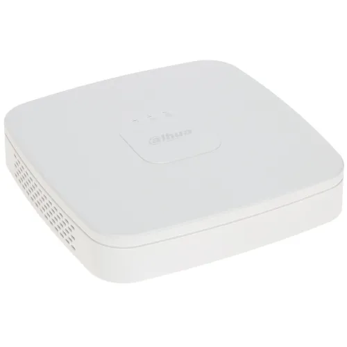 The image shows a sleek, white Dahua IP NVR with a minimalist design and subtle branding on the top surface. It features ventilation on the side for efficient cooling and is designed for managing multiple security camera feeds.