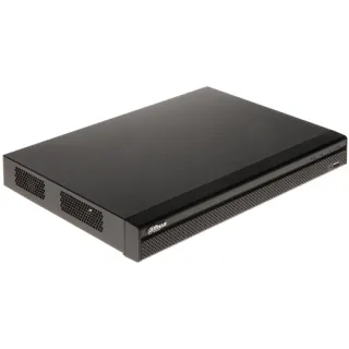 The image shows a sleek, black Dahua IP NVR with a minimalist design and ventilation grilles on the sides. The front panel features a subtle logo and a USB port for easy connectivity.