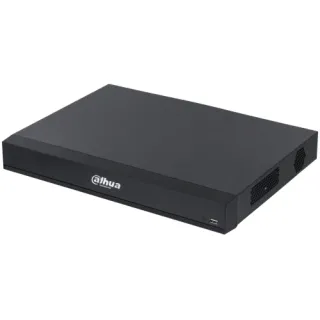 A sleek black Dahua network video recorder with a minimalist design and front-facing USB port. The device features ventilation on the sides for efficient cooling.