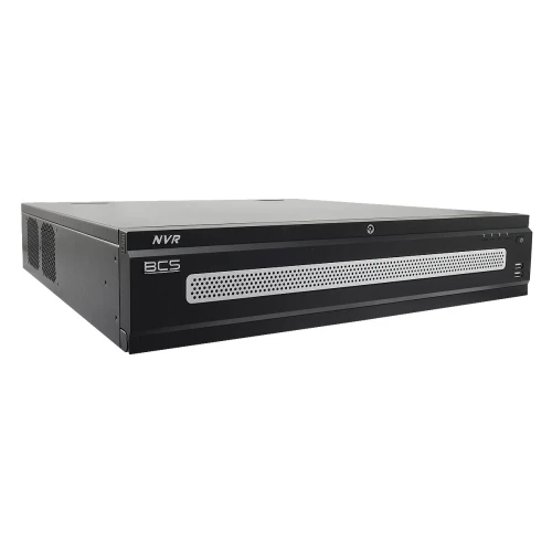 The image shows a sleek black network video recorder with a perforated front panel for ventilation. It features the BCS logo prominently on the front, along with multiple USB ports for connectivity.