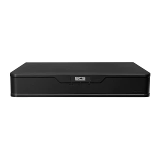 A sleek black network video recorder with a minimalist design, featuring a central logo and indicator lights on the front panel. The device is compact and suitable for modern surveillance systems.