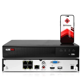 A sleek black network video recorder with multiple connectivity ports is displayed alongside a smartphone showcasing the BitVision app interface. The device features ports for LAN, audio, USB, and VGA, emphasizing its versatile connectivity options.