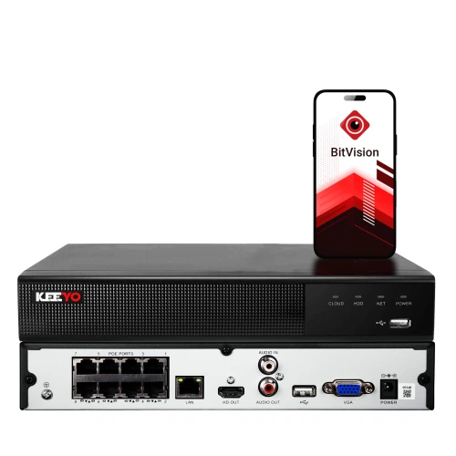 The image shows a Keeyo network video recorder with multiple connectivity ports on the back panel, including LAN, HDMI, and audio options. A smartphone displaying the BitVision app is placed on top, highlighting the device's compatibility with mobile monitoring.
