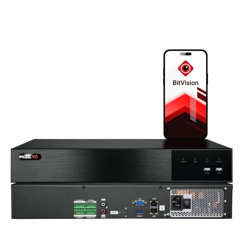 The image shows a sleek black network video recorder with multiple input and output ports on the back panel, designed for security system integration. Accompanying the device is a smartphone displaying the BitVision app interface, highlighting remote monitoring capabilities.