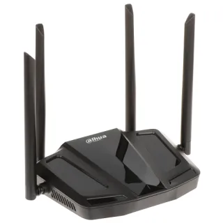 The image shows a sleek, black Dahua router featuring four external antennas for enhanced signal strength. It supports dual-band frequencies of 2.4 GHz and 5 GHz, offering speeds of 300 Mbps and 867 Mbps respectively.