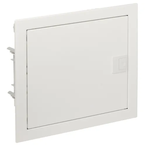 Underfloor distribution box with a sleek, white finish designed for 12 modules. The unit features a minimalist front panel with a discreet handle for easy access.