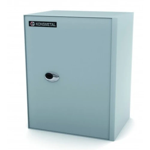A sturdy, light gray safe with a sleek, minimalist design and a small, circular lock on the front. The safe features a prominent brand logo at the top corner, emphasizing its security and reliability.
